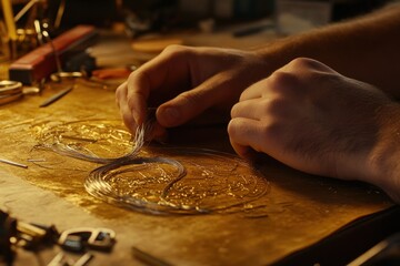 Aufkleber - Hands meticulously crafting intricate designs with metal wires on a wooden surface.