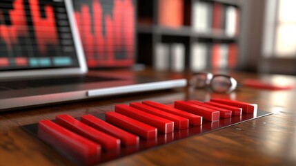 Poster - A modern workspace featuring a laptop and red graphical elements on a wooden desk.