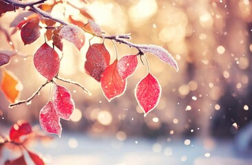 Poster - Frost-covered leaves glisten in a snowy landscape, capturing the beauty of winter.