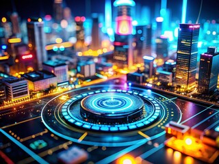 Wall Mural - Futuristic Digital Interface with Neon Glowing Elements in a Circular Design, Showcasing a Tilt-Shift Perspective of a High-Tech Cityscape and Advanced Technology Integration