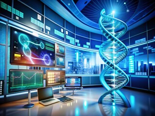 Wall Mural - Futuristic DNA Helix in a Digital Lab Environment with Copy Space for Modern Medical Research and Technology Innovation Visuals