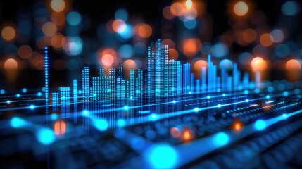 Poster - Many digital bar charts glowing with blue light on a black background, with glowing vertical lines in the shape of small buildings.
