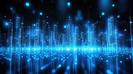 Poster - Many digital bar charts glowing with blue light on a black background, with glowing vertical lines in the shape of small buildings.