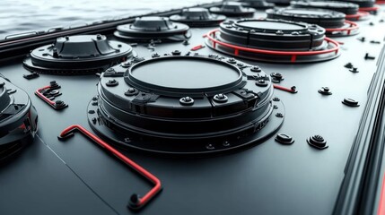 Poster - Close-up of industrial equipment with circular components and red accents.