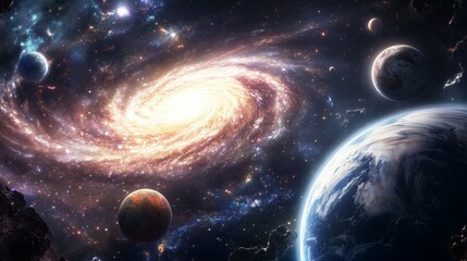 Wall Mural - a stunning view shows vibrant planets and stars, with earth and mars shining in the cosmic expanse.