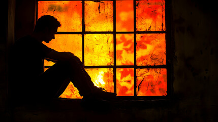 Wall Mural - Silhouette of a Person Sitting by an Orange Window, Contemplating Life's Challenges in a Desolate Setting