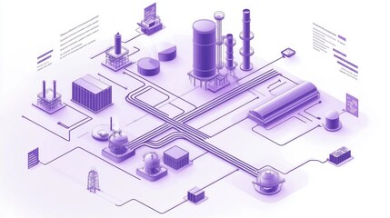 Fototapete - A stylized industrial layout featuring various structures and pipelines in a purple theme.