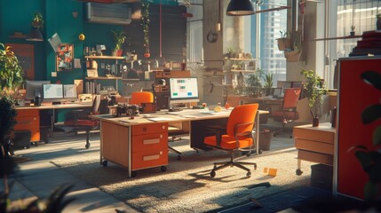 Poster - A bright office space filled with plants, desks, and modern furniture, promoting productivity.