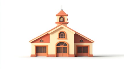Leinwandbilder - A stylized building with a clock tower, featuring a warm color palette and garage doors.