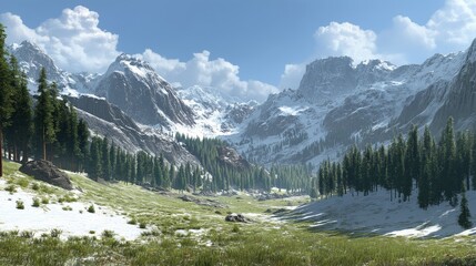 Snow-capped mountain range with green valley and forest in the foreground