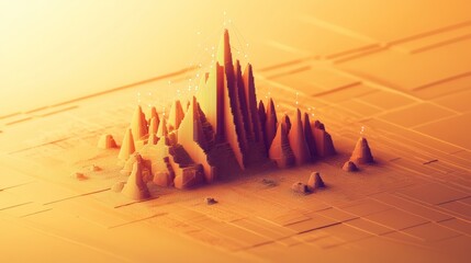 Poster - Abstract 3D landscape with towering peaks and a warm color palette.