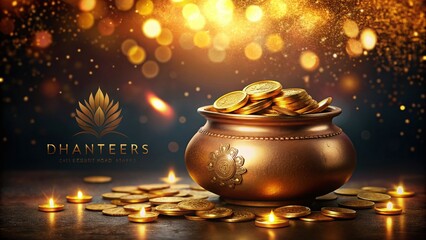 Wall Mural - Grunge Card Illustration for Dhanteras Featuring a Pot Overflowing with Gold Coins in a Low Light Setting, Perfect for Celebrating Wealth and Prosperity