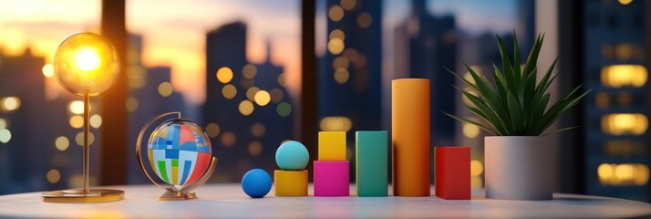 Aufkleber - A modern workspace featuring a lamp, globe, and colorful geometric shapes against a city backdrop.