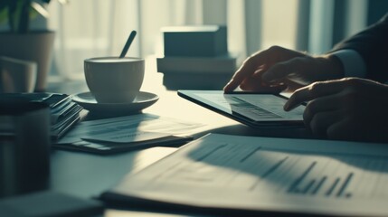 Aufkleber - A person working on a tablet at a desk with documents and a cup of coffee.