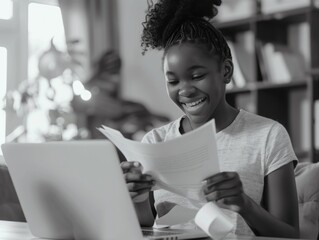 Wall Mural - Young girl is sitting at a table with a laptop open and a piece of paper in front of her. She is smiling and she is enjoying herself. The scene suggests that she is working on a project or studying