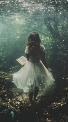 Canvas Print - Enchanted Underwater Forest: A Woman in a Flowing Dress with a Book