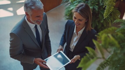 Wall Mural - Man and a woman are standing in a room, the man is holding a tablet and the woman is smiling