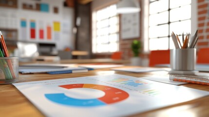 Poster - A modern office space featuring charts and graphs on a wooden desk, emphasizing productivity.