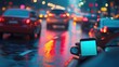 © vefimov - Blurry image of a car with a phone in the driver's hand. The phone is displaying a blank screen. Concept of chaos and confusion, as the driver is focused on the phone instead of the road