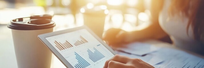 Aufkleber - A person analyzing data on a tablet while enjoying coffee.