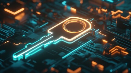 Leinwandbilder - A glowing key symbol on a digital circuit board, representing cybersecurity and technology.