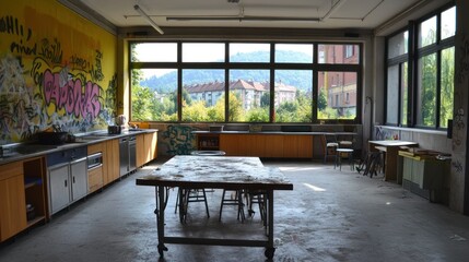 Aufkleber - A spacious, well-lit room with large windows and artistic graffiti, suitable for creative activities.