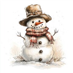 Wall Mural - Snowman isolated on a white background, classic look with hat and scarf, simple design