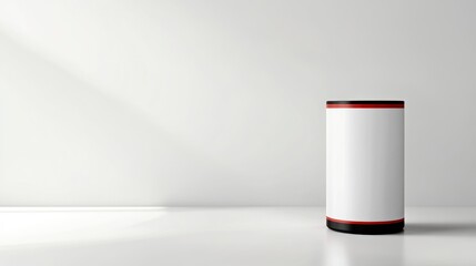 Aufkleber - A minimalist cylindrical container with a white surface and black-red accents.