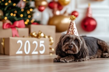 Wall Mural - Cute dog celebrating new year 2025 with party hat