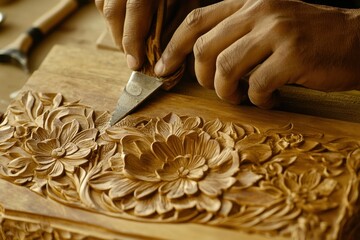 Aufkleber - A craftsman intricately carving floral designs into wood using a chisel.