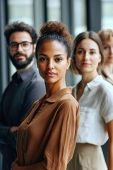 Poster - Group of people are standing together, one of them is wearing glasses. The woman in the middle is wearing a brown shirt and has her hair in a bun. The other two women are wearing white shirts