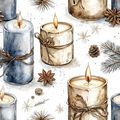 Wall Mural - Watercolor style seamless pattern of candles, isolated on a white background, soft and artistic atmosphere.