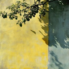 Canvas Print - Sunlit Leaves on a Yellow and Green Wall