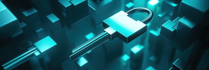 Leinwandbilder - A digital padlock amidst a futuristic, abstract background representing cybersecurity.