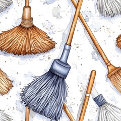 Wall Mural - Watercolor style seamless pattern of mops, isolated on a white background, soft and artistic atmosphere.