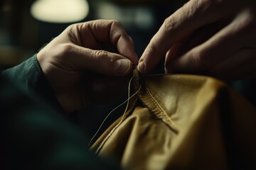 Aufkleber - A close-up of hands sewing a leather garment, showcasing craftsmanship and attention to detail.