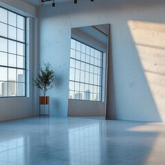 Fototapete - An empty white wall, with a mirror from floor.