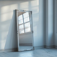 Fototapete - An empty white wall, with a mirror from floor.