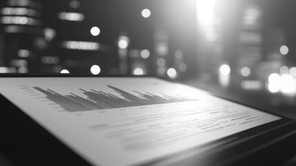 Poster - A black-and-white image of a data visualization display with blurred city lights in the background.