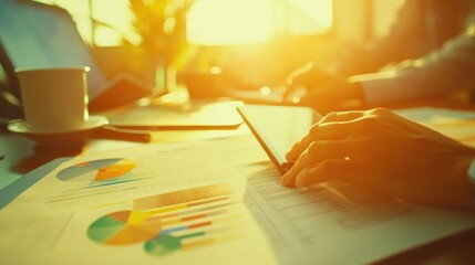 Aufkleber - A business workspace featuring charts, graphs, and a person using a tablet.