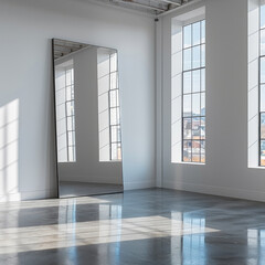 Fototapete - An empty white wall, with a mirror from floor.