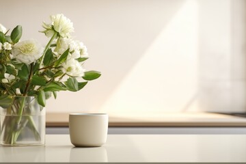 Wall Mural - White vase with flowers and a white cup on a table. The cup is empty. The scene is simple and clean, with a focus on the flowers and the cup