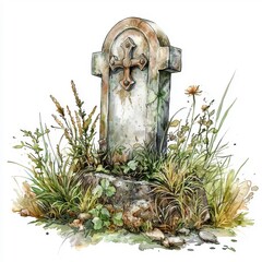 Wall Mural - Watercolor style representation of a tombstone, isolate on a white background, using soft tones and gentle brushstrokes.