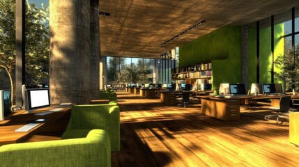 Aufkleber - Modern office space with natural light and greenery, designed for productivity and collaboration.