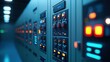 © nimaxs - A professional image of an energy control panel glowing with blue LED lights, showcasing modern power distribution technology, with ample copy space