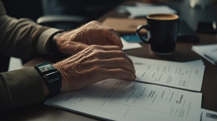 Aufkleber - A person's hands reviewing documents with a coffee cup nearby.