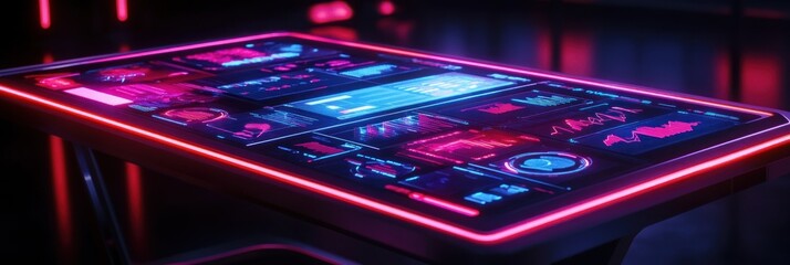 Leinwandbilder - A futuristic touchscreen table displaying data and analytics in vibrant colors.