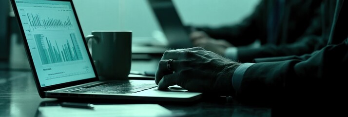 Aufkleber - A close-up of a hand typing on a laptop with graphs displayed, suggesting a business meeting.