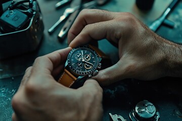 Aufkleber - A close-up of hands adjusting a watch in a workshop with tools nearby.