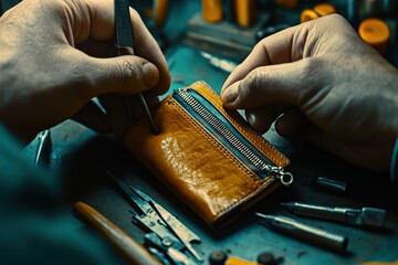 Aufkleber - A craftsman meticulously working on a leather wallet with various tools around.